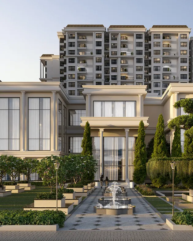 Sumadhura Edition, artistic impression The clubhouse entrance with tall windows behind a fountain walk and clipped trees