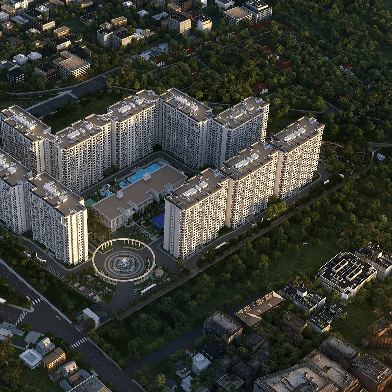 Sumadhura Edition, artistic impression An aerial view of the estate with its towers around a central clubhouse and pool