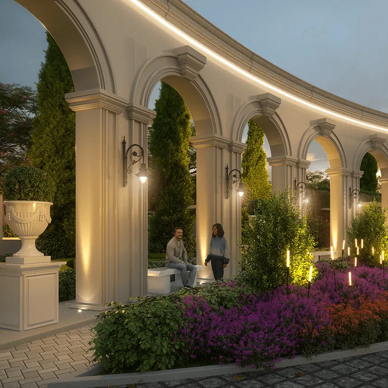 Sumadhura Edition, artistic impression A curved colonnade with lanterns and planted urns along a garden walk