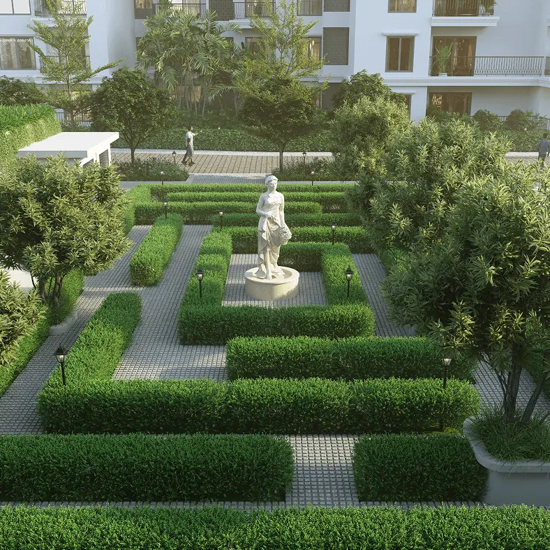 Sumadhura Edition, artistic impression An English garden with clipped hedges and a statue