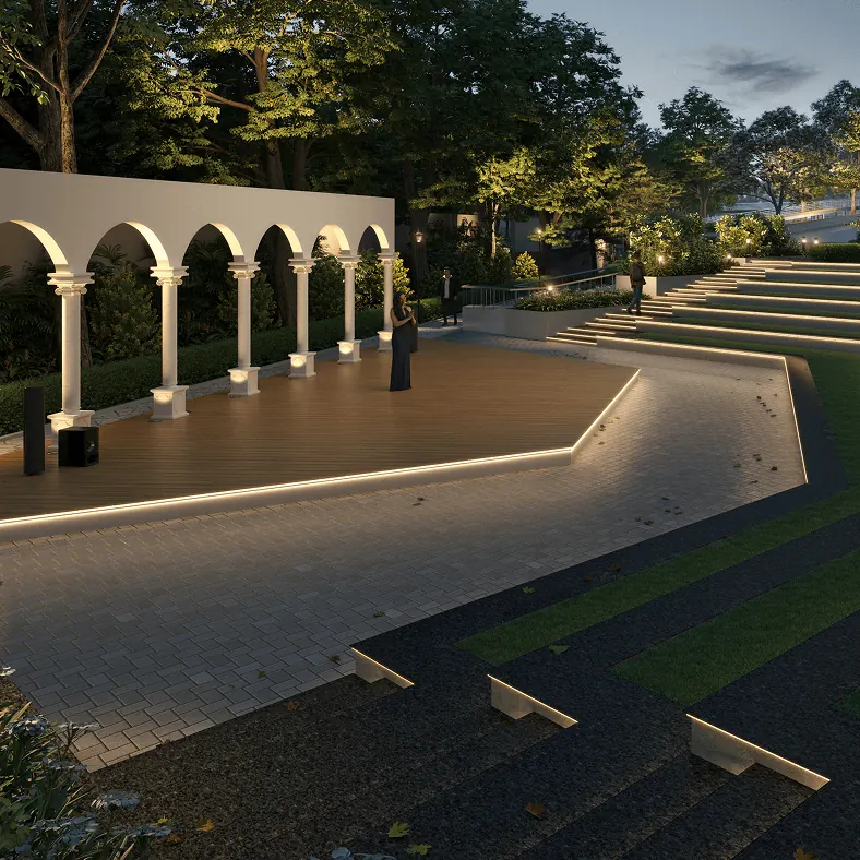 Sumadhura Edition, artistic impression An amphitheatre with arched pavilions under the evening lights