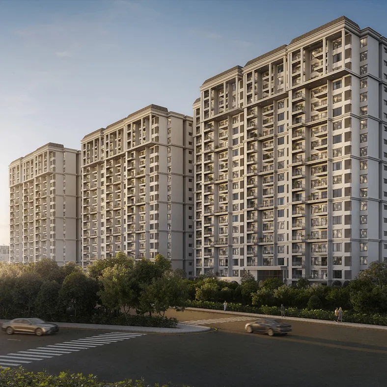 Sumadhura Edition, artistic impression Classical residential towers of Sumadhura Edition above a tree-lined road at sunrise