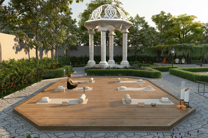 A yoga deck beside a domed gazebo