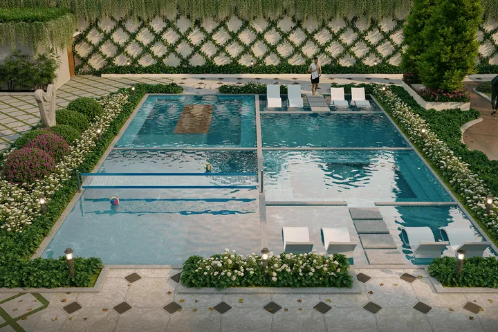 An aqua gym pool framed by hedges and trellises